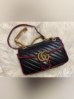 Gucci Black Leather Shoulder Bag with Red Trim and Gold Hardware